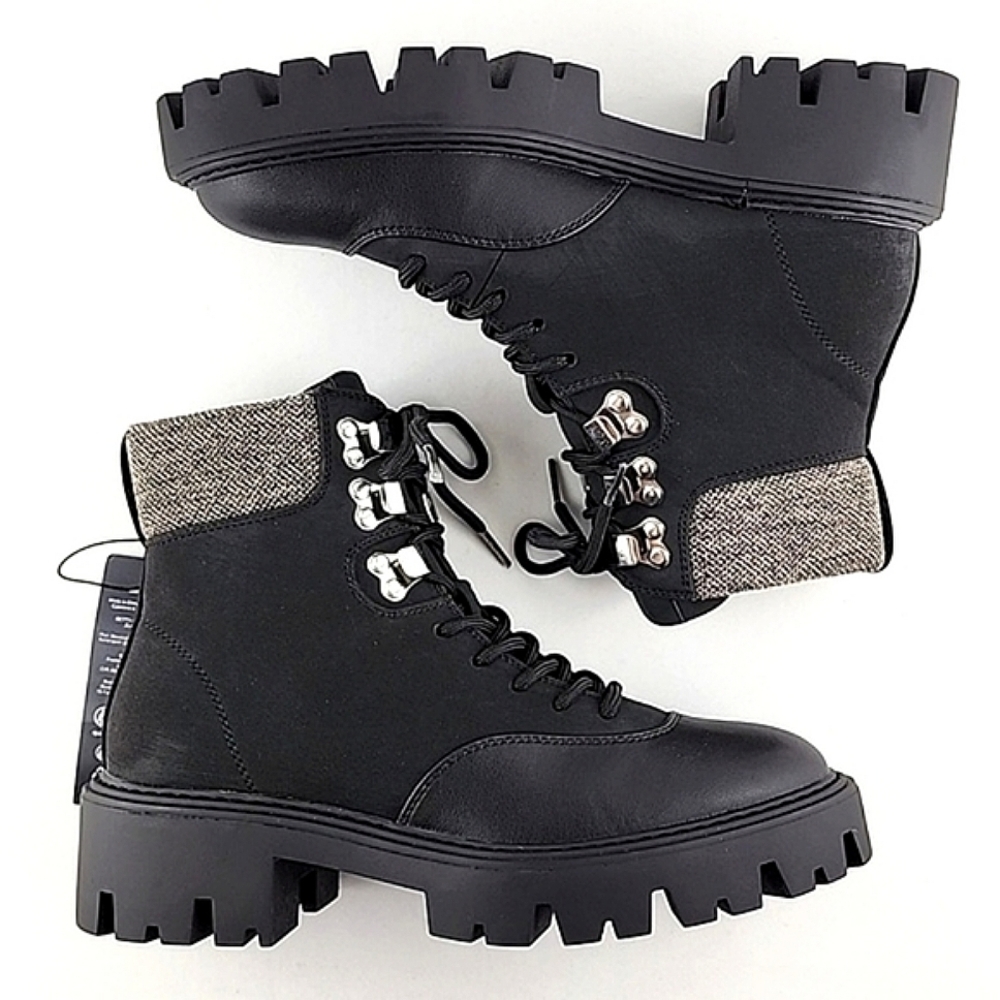 NWT ONLY Women's Betty Black Faux Leather Lace Up Combat Chunky Ankle Boots 37
